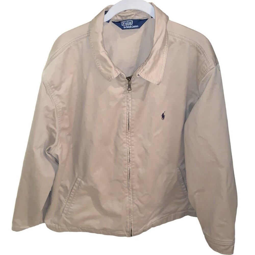 VTG Polo Ralph Lauren Jacket Mens XL Khaki Full Zip Dad Bomber Canvas Navy Pony